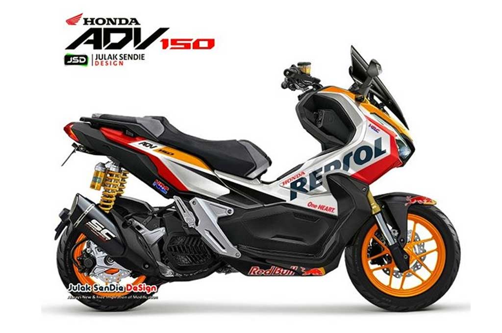 Gaya Honda ADV150 menggunakan livery Repsol. Julak Sendie Design