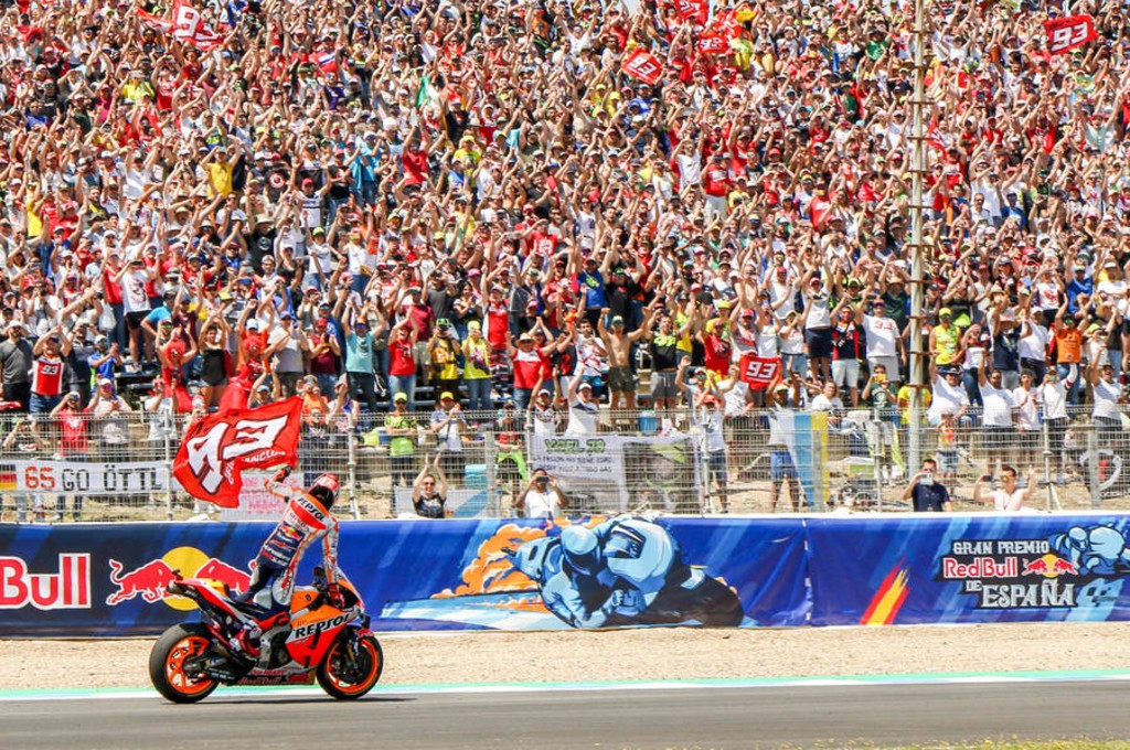 Momen selebrasi rider tuan Marc Marquez di Sirkuit Jerez, Spanyol. circuitodejerez