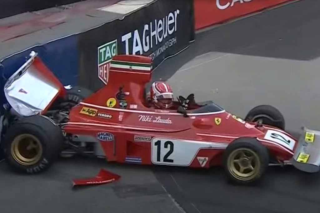 Charles Leclerc menghancurkan Ferrari 312B3 milik Niki Lauda di ajang show off jelang F1 Monako akhir pekan lalu. CL