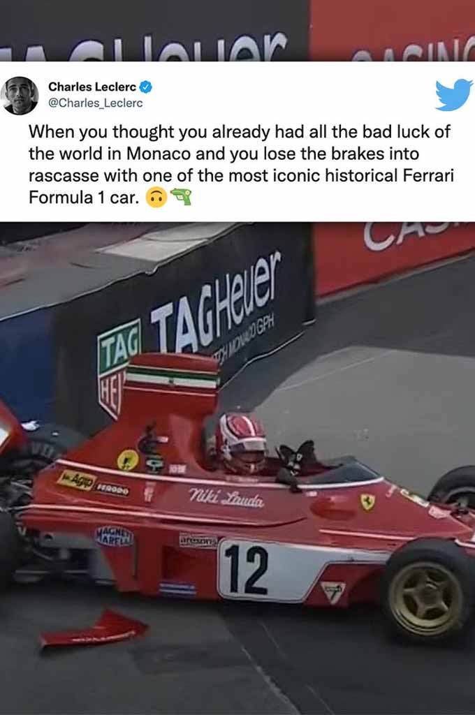 Charles Leclerc menghancurkan Ferrari 312B3 milik Niki Lauda di ajang show off jelang F1 Monako akhir pekan lalu. CL